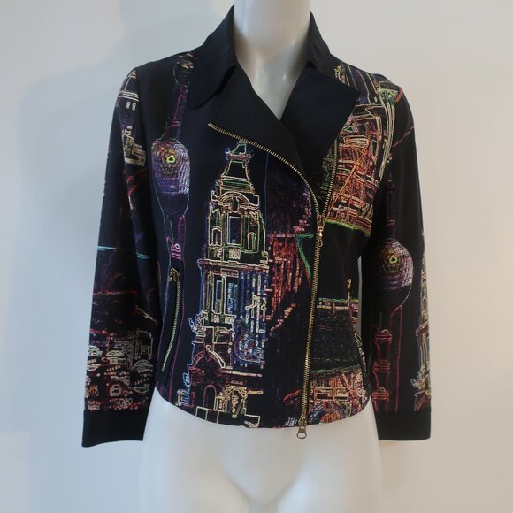 NWT Womens Vivienne Tam Black Multicolor Skyline Graphic Silk Blend Zip Jacket M - Picture 1 of 15